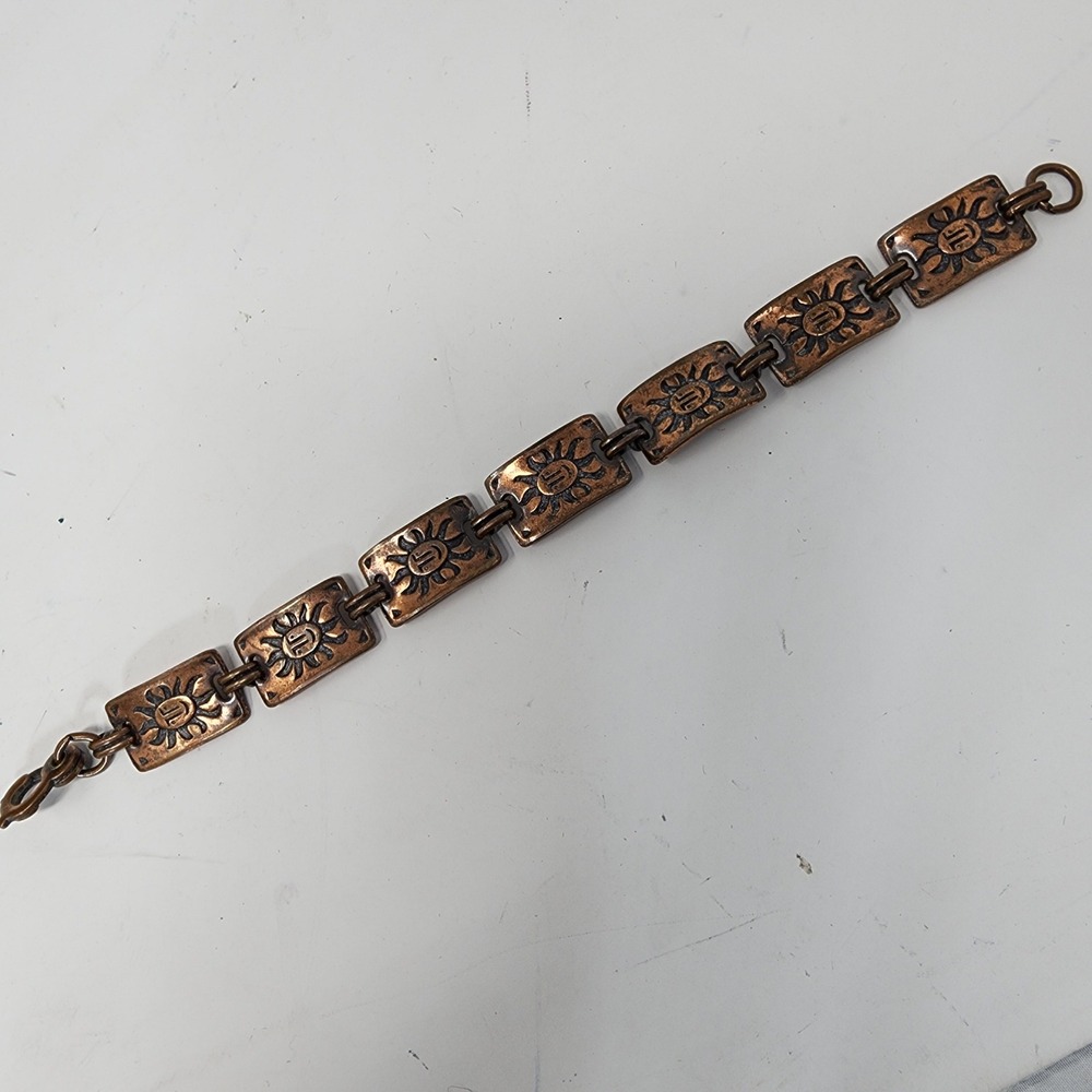 Vintage‎ Sun Face Panel Link Bracelet Copper Bronze Celestial Boho 7.5 Inch
